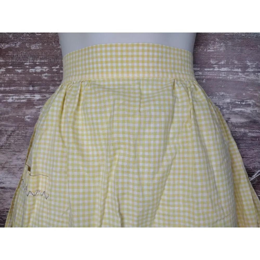 Vintage Half Apron Yellow White Gingham Rick Rack Trim 1950 Handmade Pocket MCM